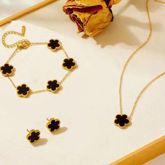 Stainless Steel Plum Blossom Necklace, Bracelet and Earrings